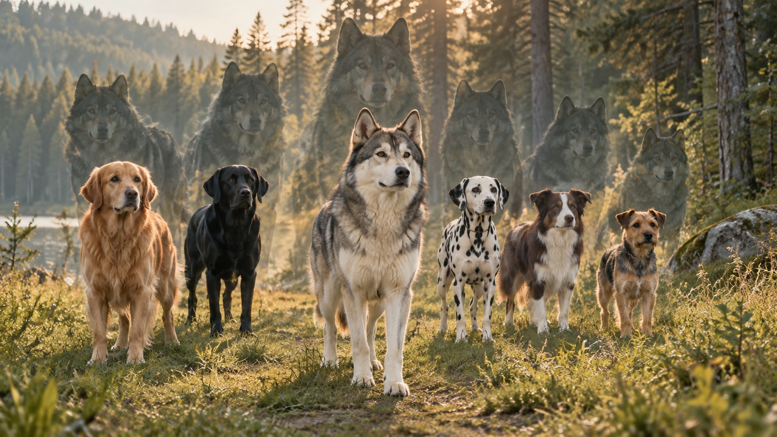 Hiérarchie chez le chien : une meute de chiens menée par un chien leader, avec les ombres d’une meute de loups dans la même position